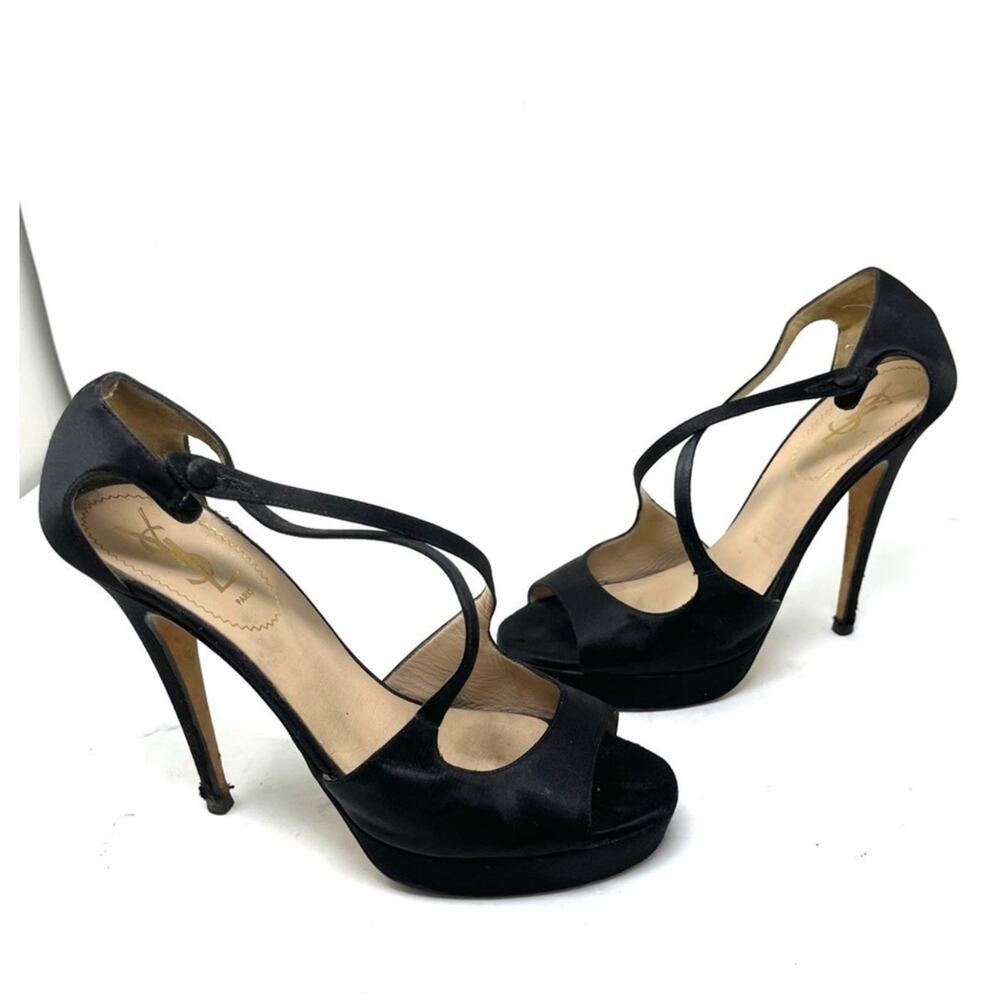 Yves Saint Laurent Vintage black satin platform ultra high heels size 39.5 - Picture 1 of 12